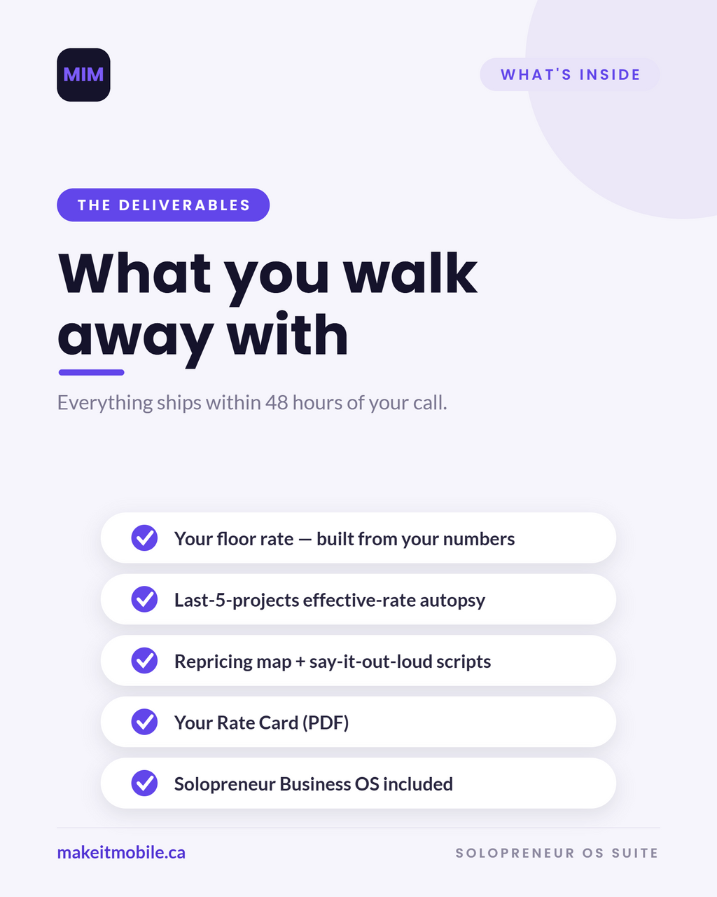 What you walk away with: floor rate, effective-rate autopsy, repricing scripts, Rate Card PDF, and the Solopreneur Business OS.
